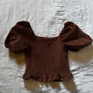American Eagle Chocolate Brown Corduroy Smocked Puff Sleeve Top (Small)